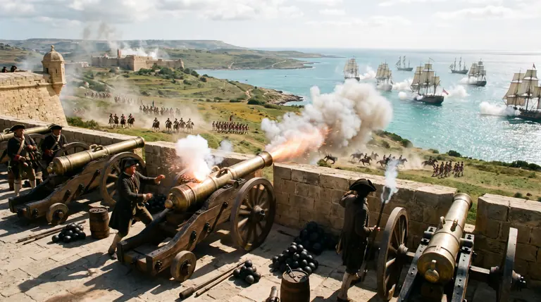 Una batteria di cannoni da campo in bronzo spara dai bastioni di un forte costiero mentre fanteria, cavalleria e velieri da guerra combattono nella baia soleggiata.